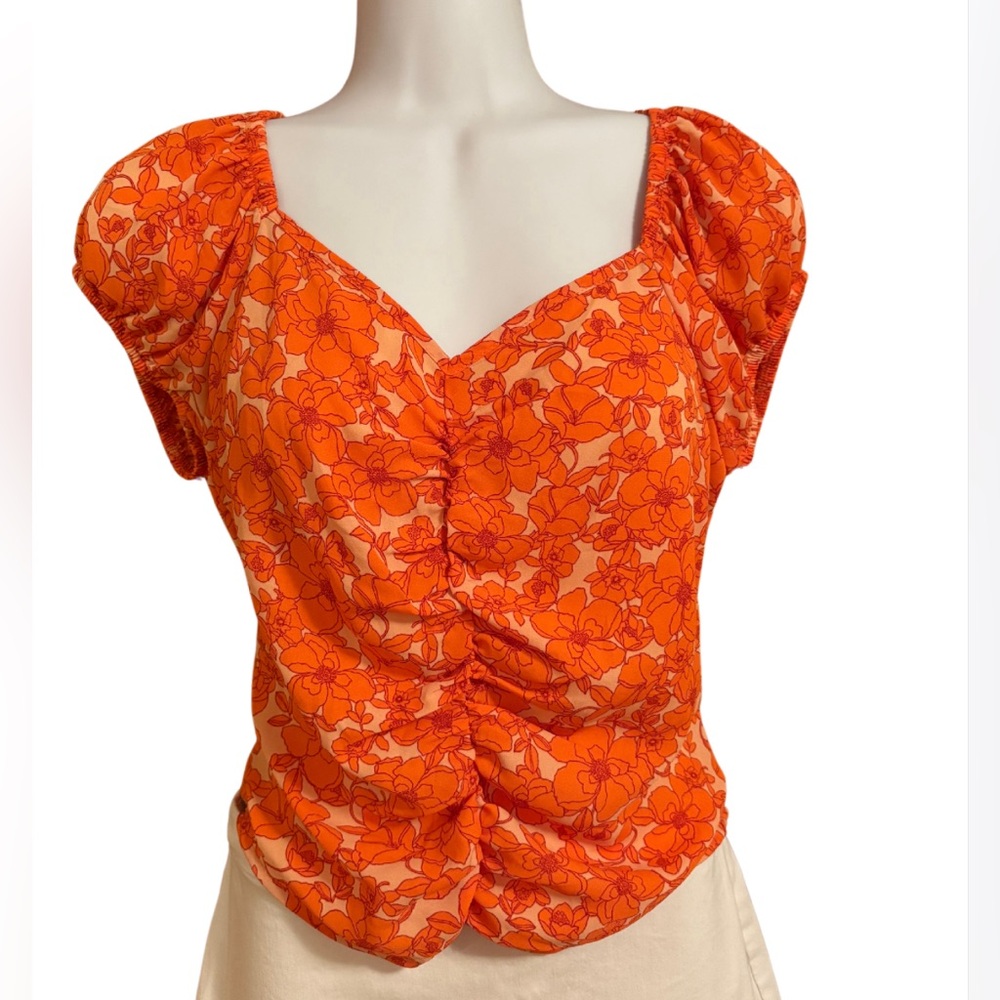 Sienna Sky Orange Floral Ruched Puff Sleeve Top